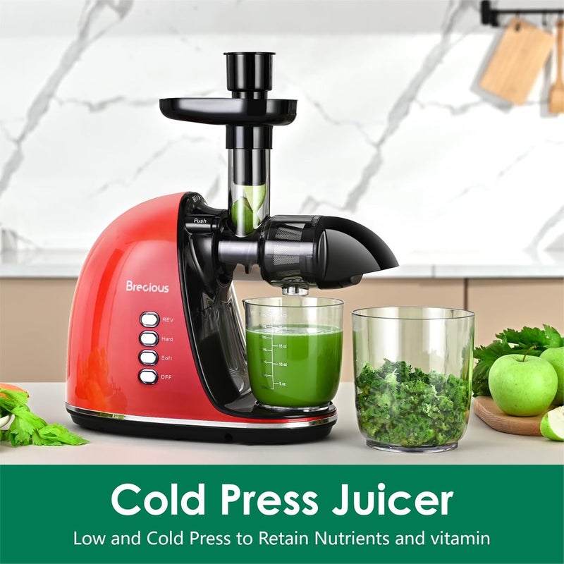 BRECIOUS Slow Masticating Juicer, Cold Press Juicers with 2 Speed Modes & Quiet Motor,Juicers Machines Vegetable and Fruit with Reverse Function,Celery Juicer,BPA-Free,Easy to Clean (Red） - Image 2